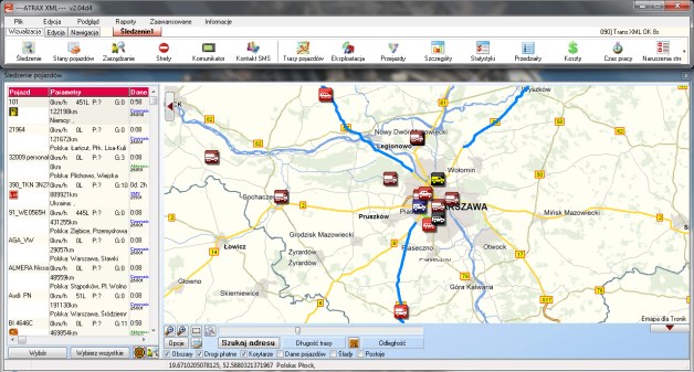 Śledzenie pojazdów na mapie w systemie GPS ATRAX – autorskim systemie monitorowania pojazdów firmy Tronik. [źródło: Tronik]